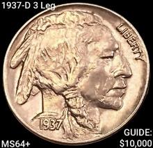 1937-D 3 Leg Buffalo Nickel CHOICE BU+