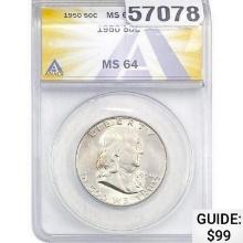 1950 Franklin Half Dollar ANACS MS64