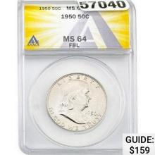 1950 Franklin Half Dollar ANACS MS64 FBL