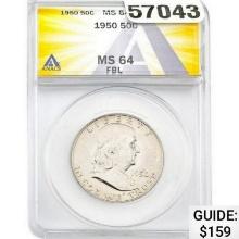 1950 Franklin Half Dollar ANACS MS64 FBL