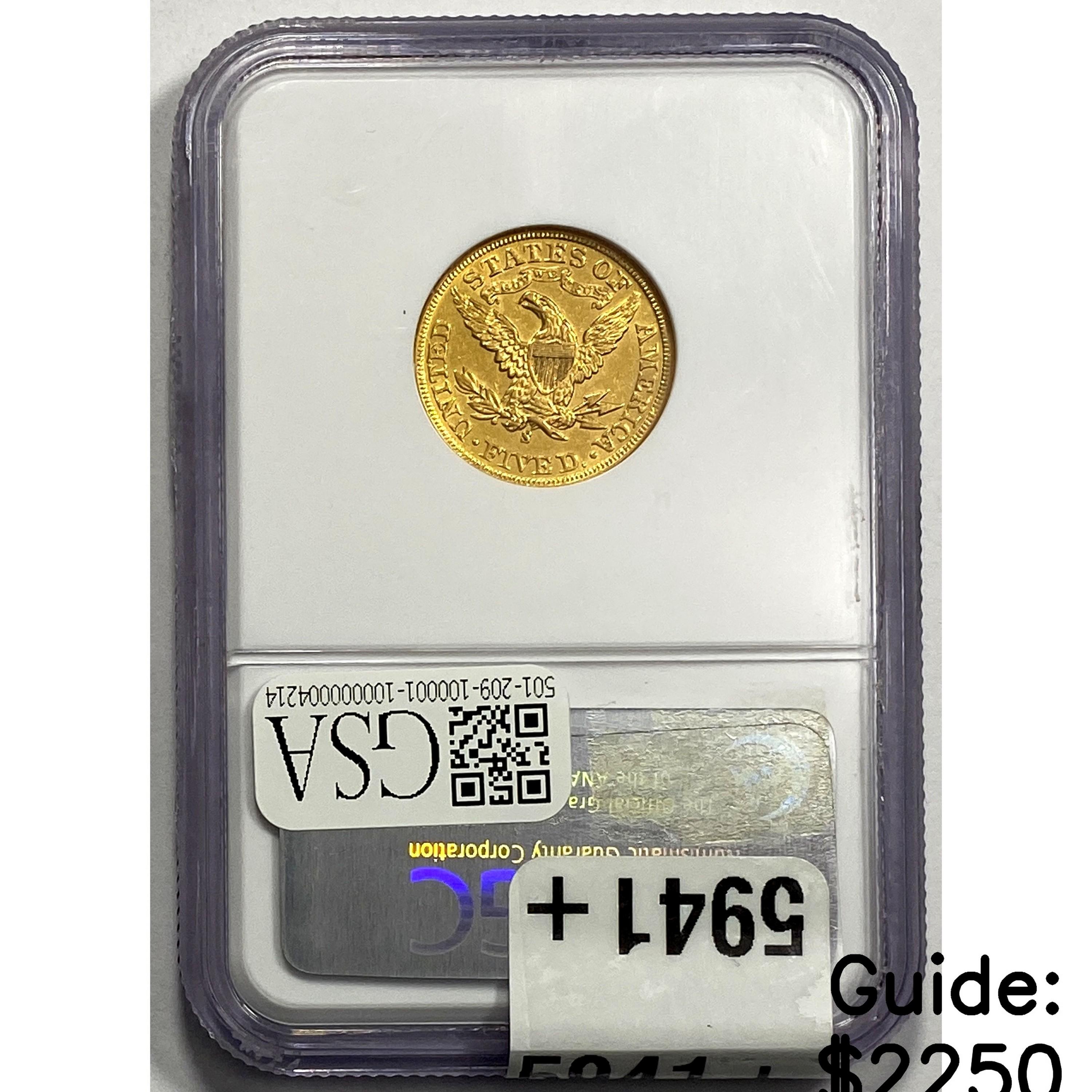 1901S $5 Gold Half Eagle NGC AU55