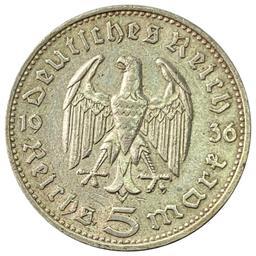 1936-F Germany Silver 5 Mark CLOSELY UNCIRCULATED