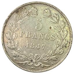 1847-A France Silver 5 Francs NEARLY UNCIRCULATED