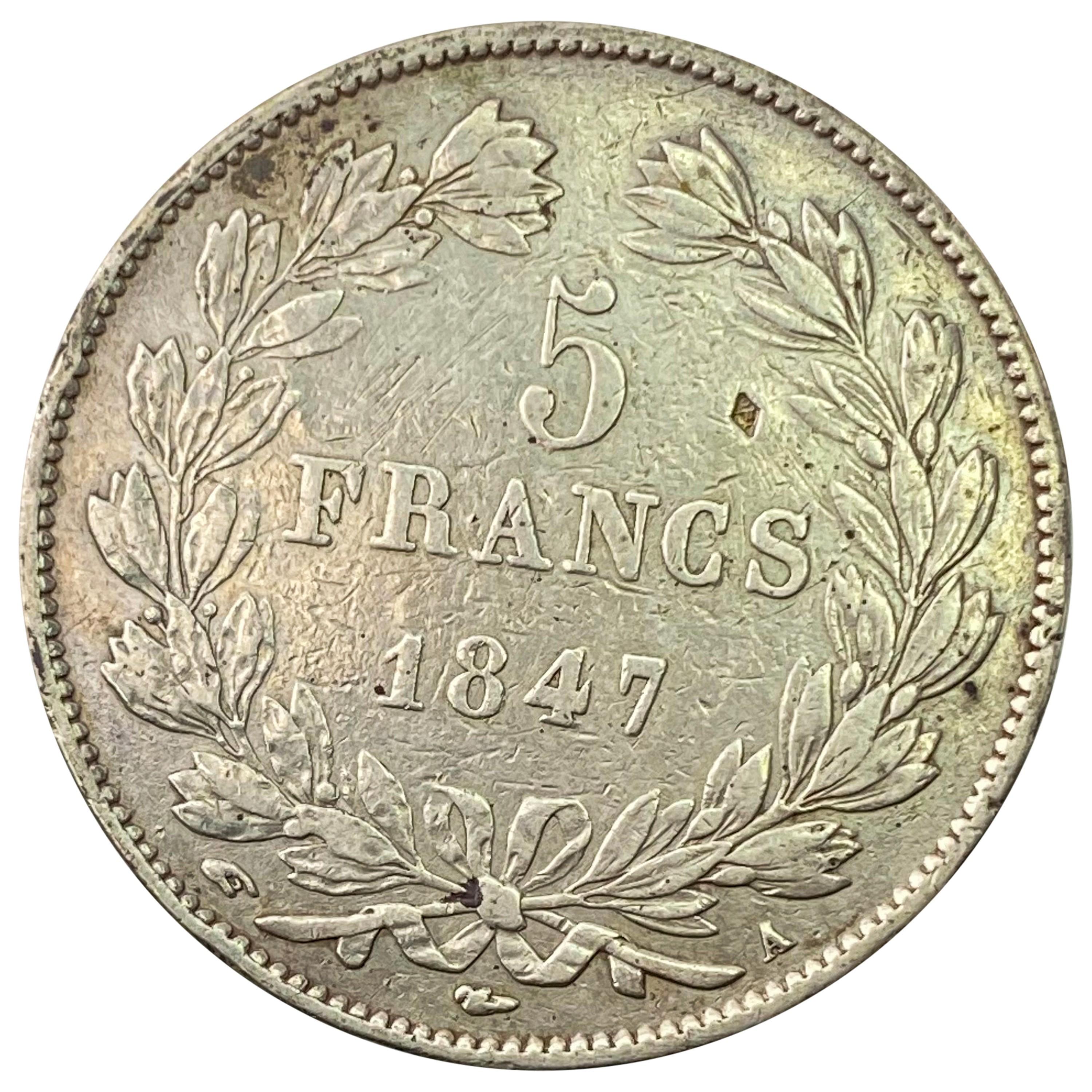 1847-A France Silver 5 Francs NEARLY UNCIRCULATED