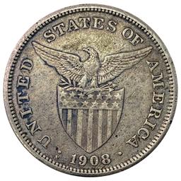 1908-S Philippines Silver Peso NEARLY UNCIRCULATED