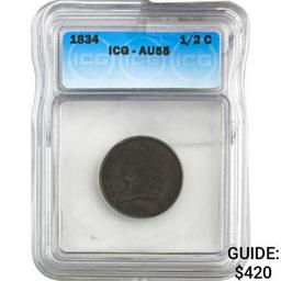 1834 Half Cent ICG AU55