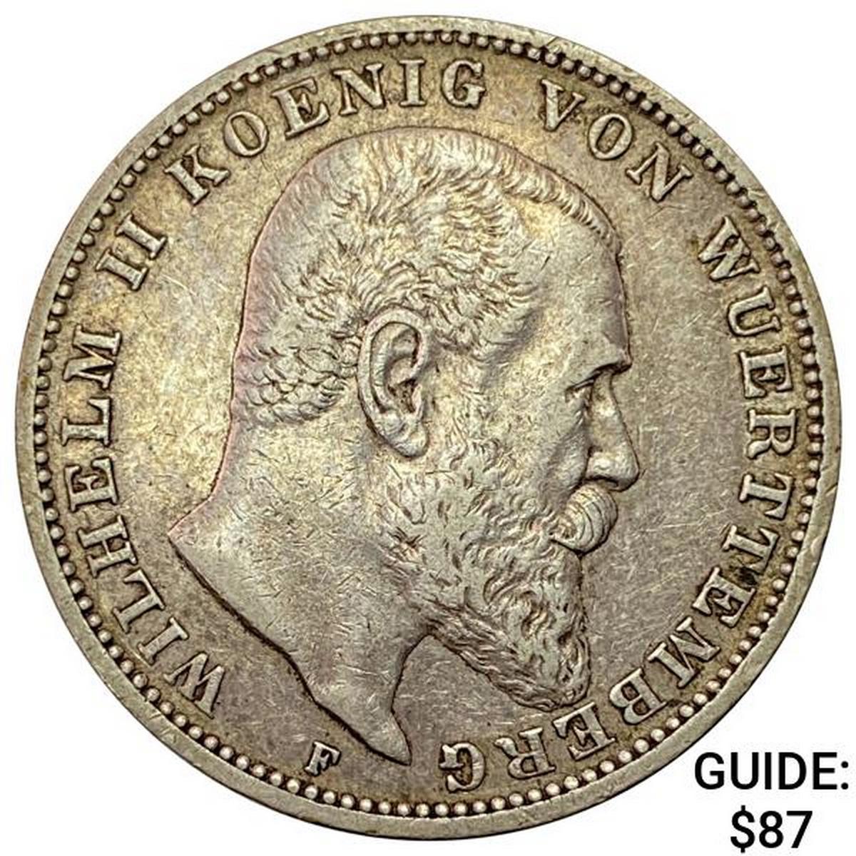 1909-F Wurttemberg Silver 3 Mark NEARLY UNCIRCULATED