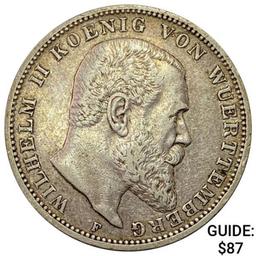 1909-F Wurttemberg Silver 3 Mark NEARLY UNCIRCULATED