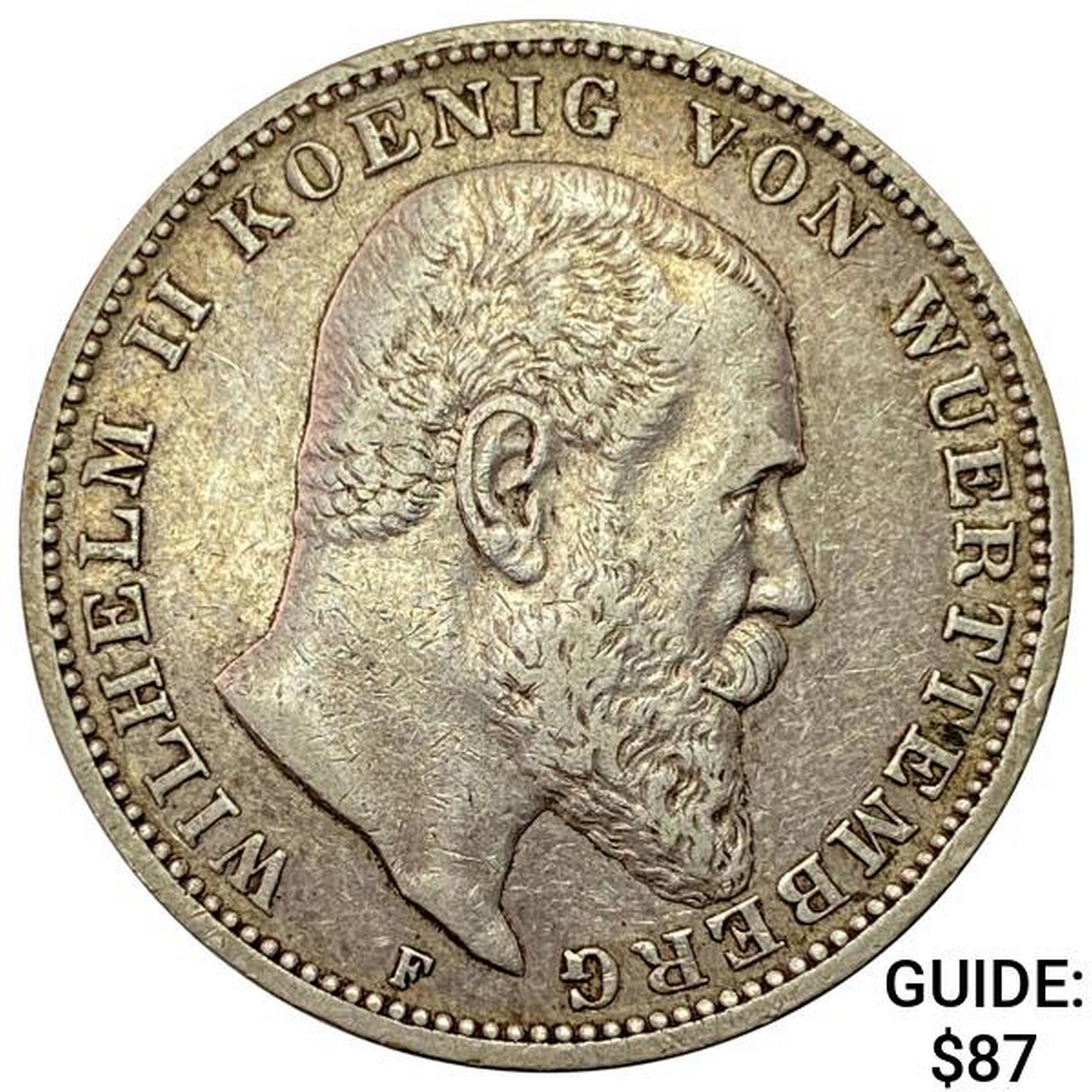 1909-F Wurttemberg Silver 3 Mark NEARLY UNCIRCULATED