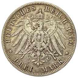 1909-F Wurttemberg Silver 3 Mark NEARLY UNCIRCULATED