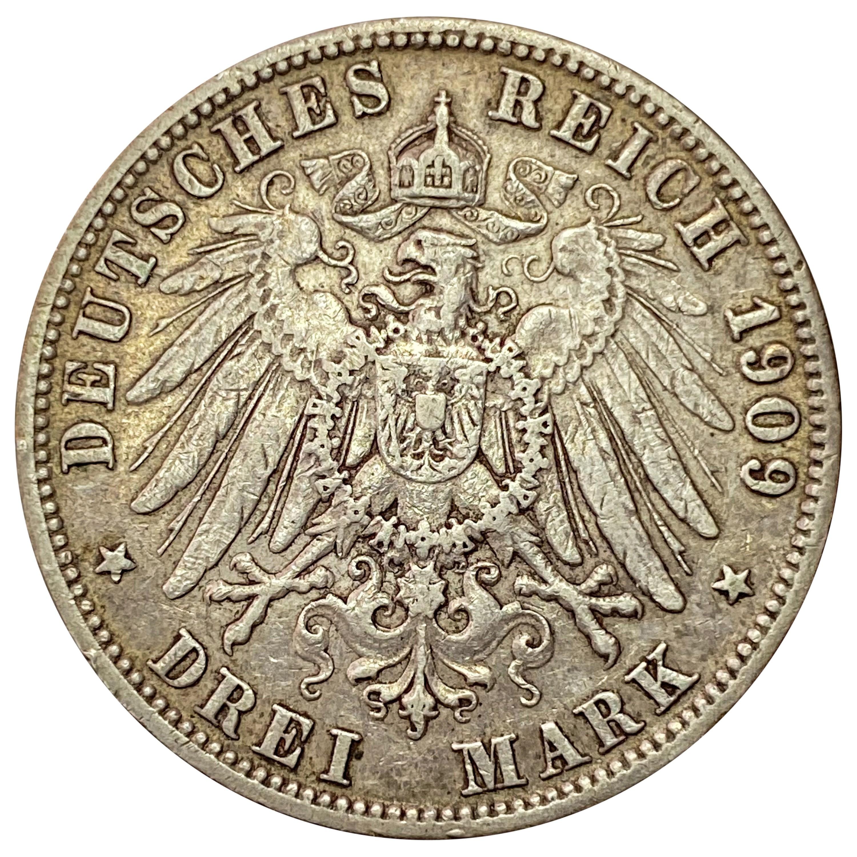 1909-F Wurttemberg Silver 3 Mark NEARLY UNCIRCULATED