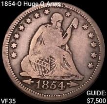 1854-O Huge O Arws Seated Liberty Quarter ABOUT UNCIRCULATED