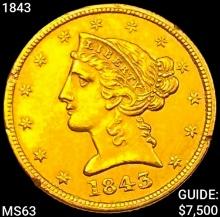 1843 $5 Gold Half Eagle CHOICE BU