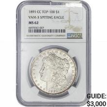 1891-CC Morgan Silver Dollar NGC MS62 VAM3 Spit Eagle