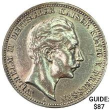 1911-A Germany Silver 3 Mark CLOSELY UNCIRCULATED