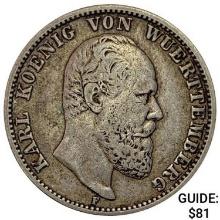 1877-F Wurttemberg Silver 2 Mark NEARLY UNCIRCULATED