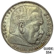1936-F Germany Silver 5 Reichsmark CLOSELY UNCIRCULATED