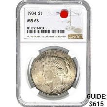 1934 $1 Peace Dollar NGC MS63