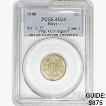 1866 Shield Nickel PCGS AU58 Rays
