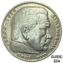 1936-D Germany Silver 5 Reichsmark CLOSELY UNCIRCULATED