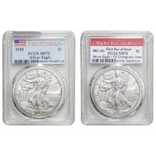 2018, 2021 American Silver Eagle Lot [2 Coins] PCGS MS70