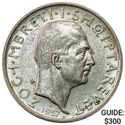 1937 Albania Silver 1 Franka UNCIRCULATED