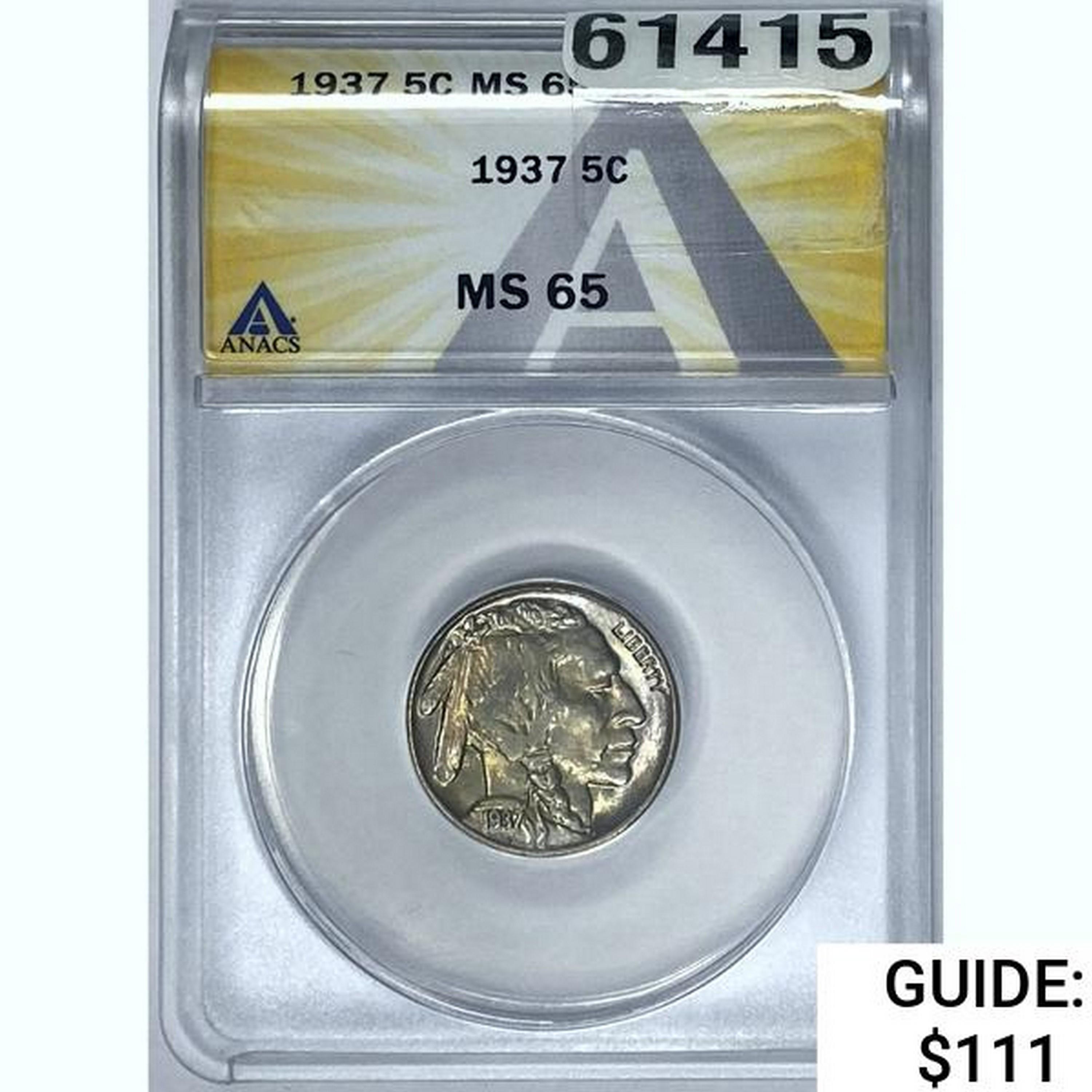 1937 5C Buffalo Nickel ANACS MS 65
