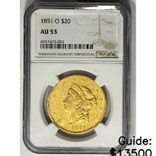 1851O $20 Gold Double Eagle NGC AU53