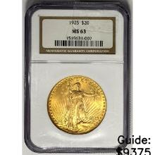 1925 $20 Gold Double Eagle NGC MS63