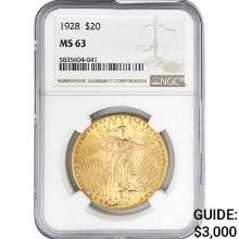 1928 $20 Gold Double Eagle NGC MS63