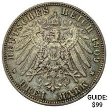 1909-E Sachsen Silver 3 Mark CLOSELY UNCIRCULATED