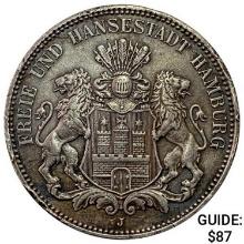 1908-J Hamburg Silver 3 Marks NEARLY UNCIRCULATED