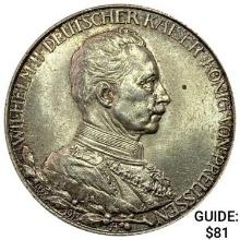 1913-A Prussia Silver 2 Mark UNCIRCULATED