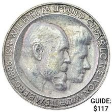 1911-F German States Silver 3 Mark NEARLY UNCIRCULATED