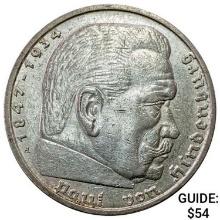 1938-A Germany Silver 5 Reichsmark CLOSELY UNCIRCULATED