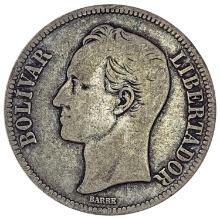 1929 Venezuela Silver 5 Bolivares NEARLY UNCIRCULATED