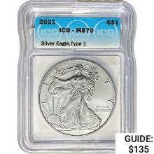 2021 Silver Eagle Type 1 ICG MS70