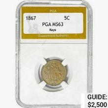 1867 Shield Nickel PGA MS63 RAYS