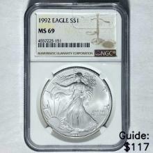 1992 Silver Eagle $1 NGC MS 69