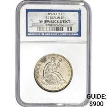 1859-O Seated Lib. 50C NGC SHIPWRECKEFFECT SS REP.