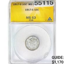 1917-S Mercury Silver Dime ANACS MS63