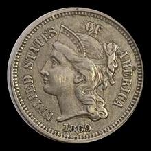 1869 Three-Cent Nickel NEARLY UNCIRCULATED