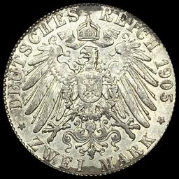 1905-A Prussia Silver 2 Reichsmark NEARLY UNCIRCULATED
