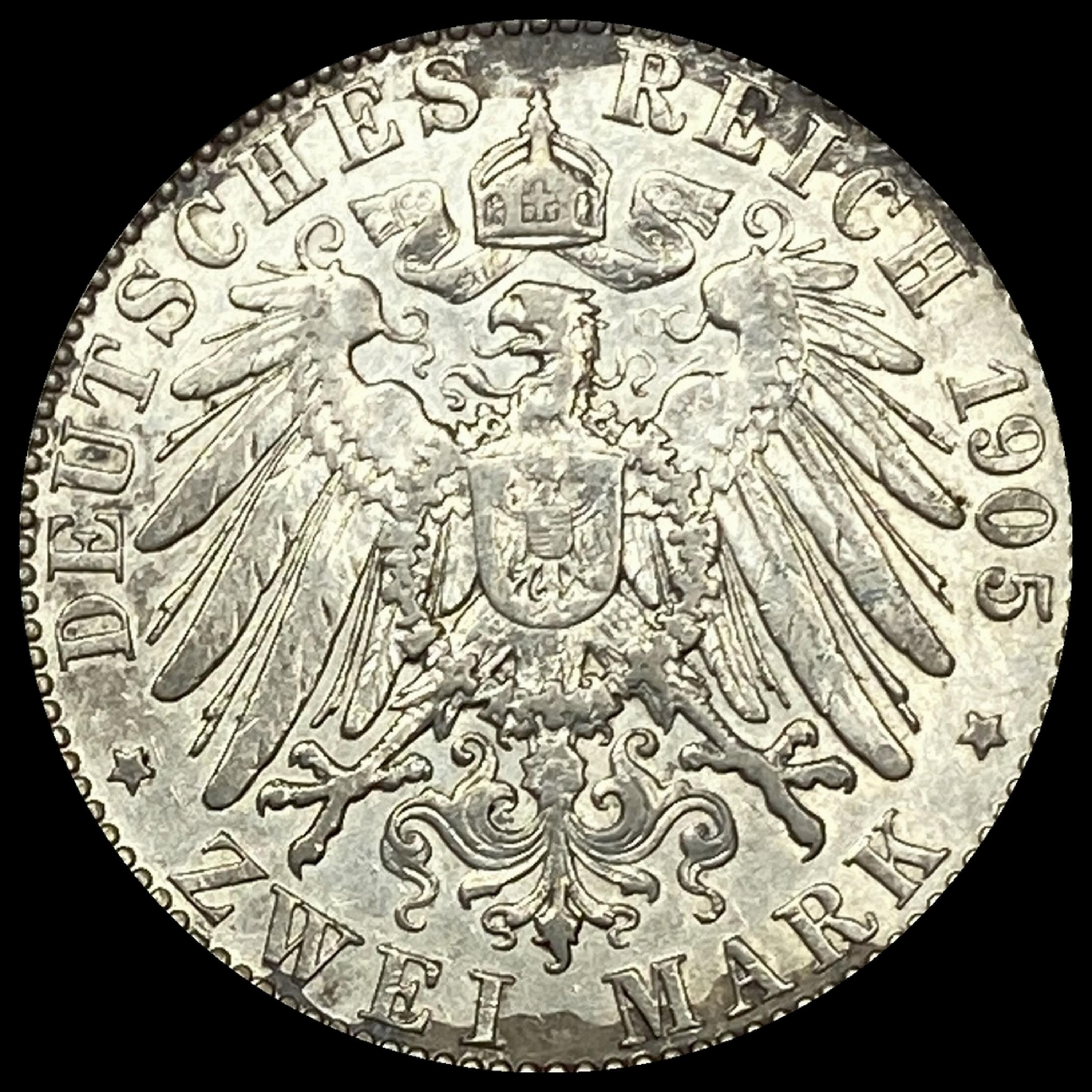 1905-A Prussia Silver 2 Reichsmark NEARLY UNCIRCULATED
