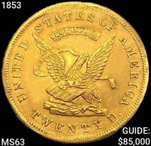 1853 $20 Gold Assay "900 Thous" CHOICE BU