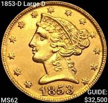 1853-D Large D $5 Gold Half Eagle UNCIRCULATED