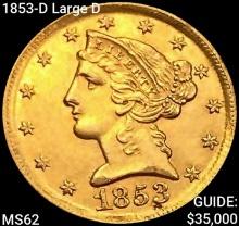 1853-D Large D $5 Gold Half Eagle UNCIRCULATED