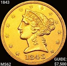 1843 $5 Gold Half Eagle UNCIRCULATED