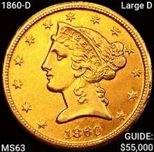 1860-D Large D $5 Gold Half Eagle CHOICE BU