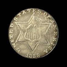 1858 Silver Three-Cent Piece LIGHTLY CIRCULATED